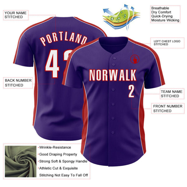 Custom Purple White-Red Classic Color Block Side Panel Stripe Authentic Baseball Jersey