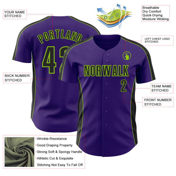 Custom Purple Black-Neon Green Classic Color Block Side Panel Stripe Authentic Baseball Jersey