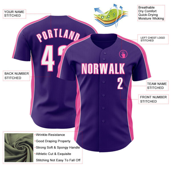 Custom Purple White-Pink Classic Color Block Side Panel Stripe Authentic Baseball Jersey