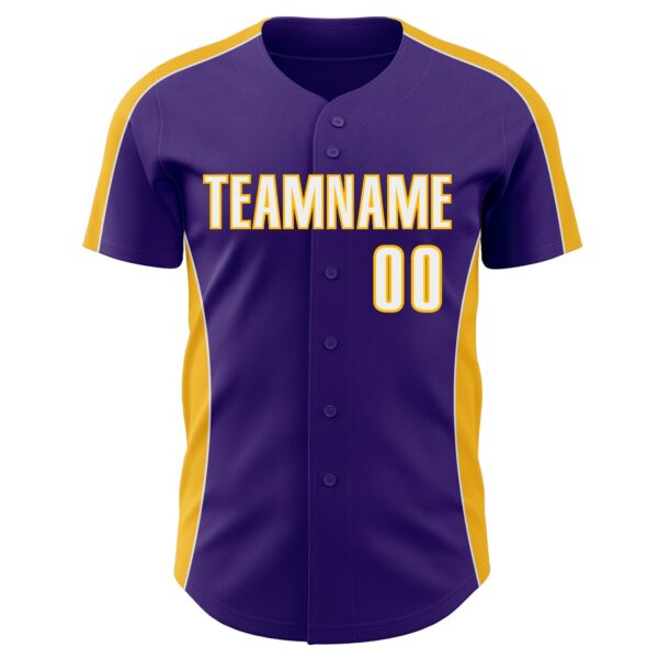 Custom Purple White-Gold Classic Color Block Side Panel Stripe Authentic Baseball Jersey