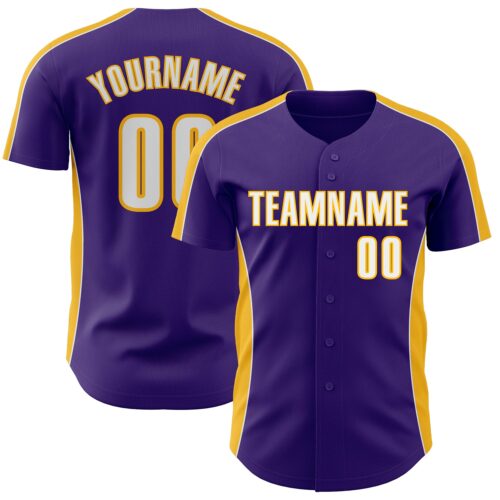 Pinstripe0522 Custom Purple White-Gold Classic Color Block Side Panel Stripe Authentic Baseball Jersey