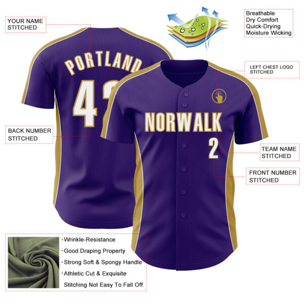 Custom Purple White-Old Gold Classic Color Block Side Panel Stripe Authentic Baseball Jersey