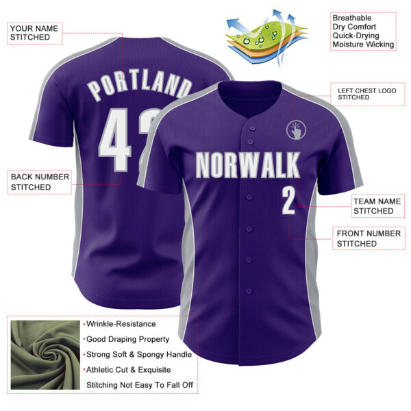 Custom Purple White-Gray Classic Color Block Side Panel Stripe Authentic Baseball Jersey