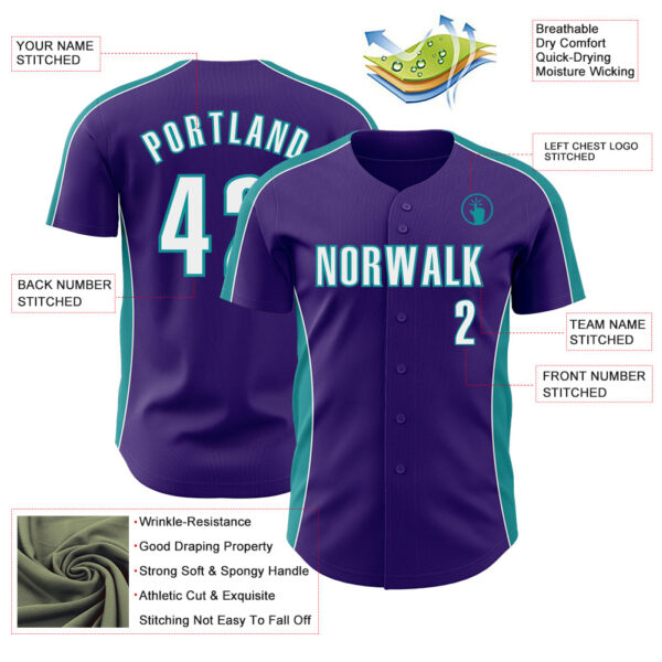 Custom Purple White-Teal Classic Color Block Side Panel Stripe Authentic Baseball Jersey