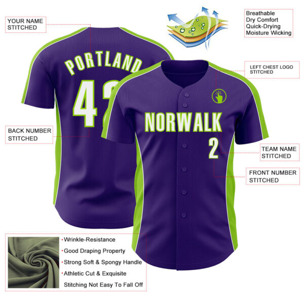 Custom Purple White-Neon Green Classic Color Block Side Panel Stripe Authentic Baseball Jersey