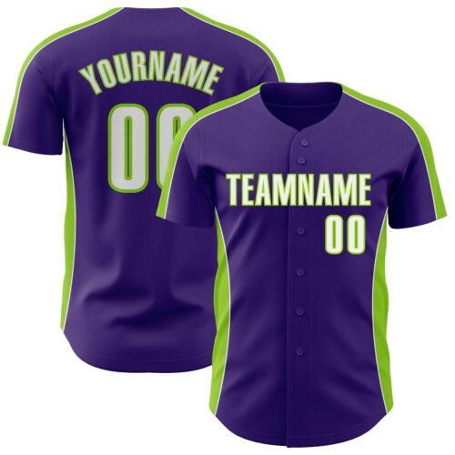 Pinstripe0527 Custom Purple White-Neon Green Classic Color Block Side Panel Stripe Authentic Baseball Jersey