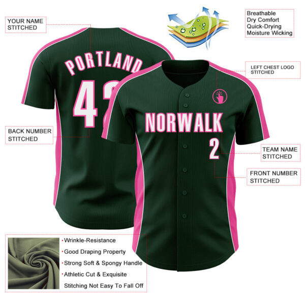 Custom Green White-Pink Classic Color Block Side Panel Stripe Authentic Baseball Jersey