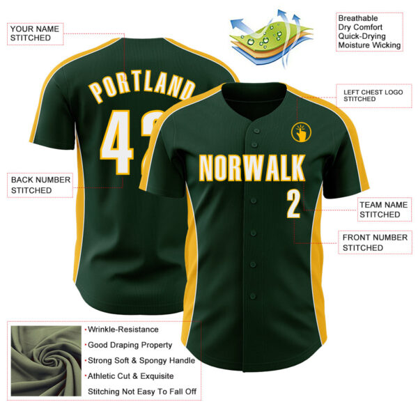 Custom Green White-Gold Classic Color Block Side Panel Stripe Authentic Baseball Jersey