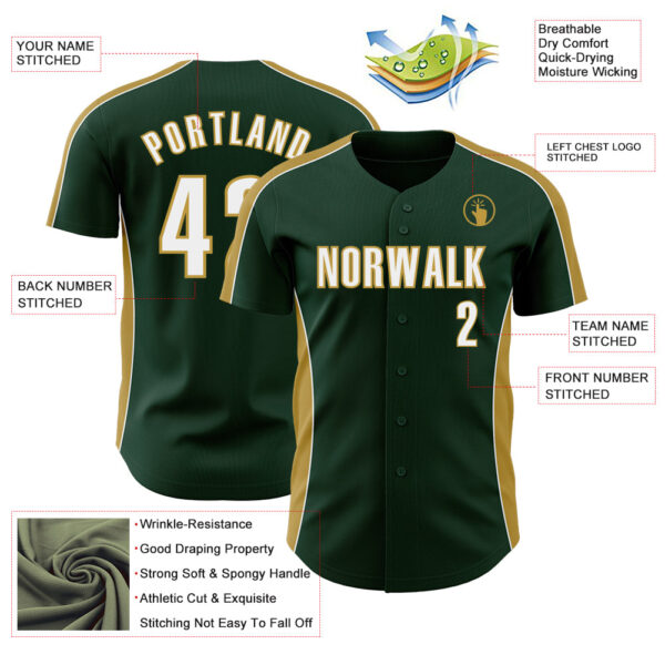 Custom Green White-Old Gold Classic Color Block Side Panel Stripe Authentic Baseball Jersey