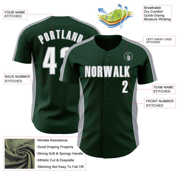 Custom Green White-Gray Classic Color Block Side Panel Stripe Authentic Baseball Jersey