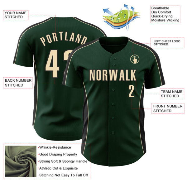 Custom Green Cream-Black Classic Color Block Side Panel Stripe Authentic Baseball Jersey