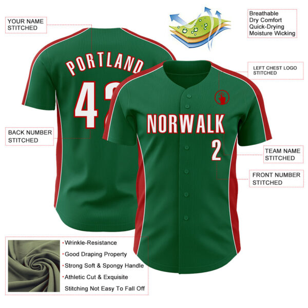 Custom Kelly Green White-Red Classic Color Block Side Panel Stripe Authentic Baseball Jersey