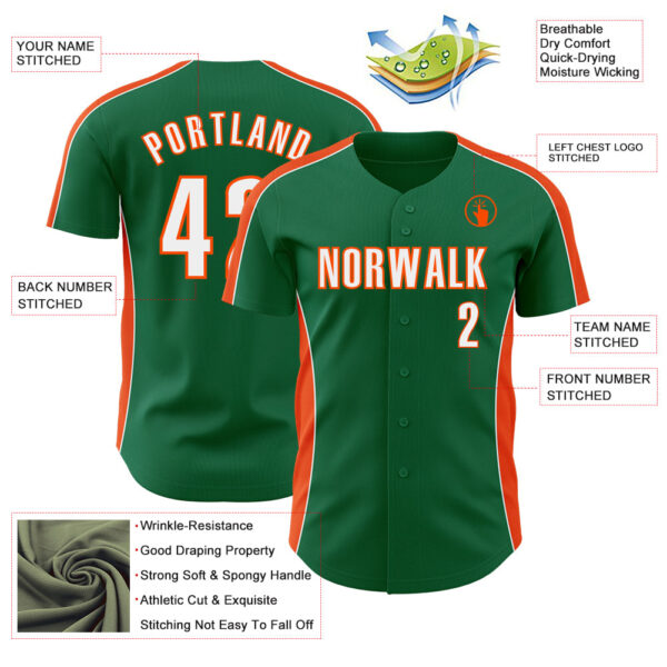 Custom Kelly Green White-Orange Classic Color Block Side Panel Stripe Authentic Baseball Jersey