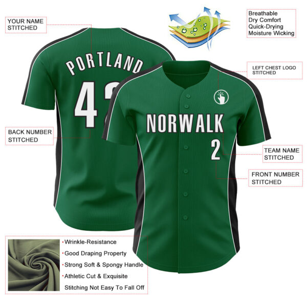 Custom Kelly Green White-Black Classic Color Block Side Panel Stripe Authentic Baseball Jersey
