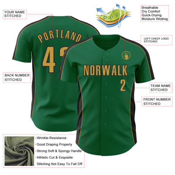 Custom Kelly Green Old Gold-Black Classic Color Block Side Panel Stripe Authentic Baseball Jersey