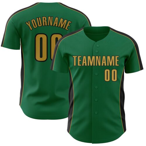 Pinstripe0538 Custom Kelly Green Old Gold-Black Classic Color Block Side Panel Stripe Authentic Baseball Jersey