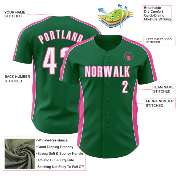 Custom Kelly Green White-Pink Classic Color Block Side Panel Stripe Authentic Baseball Jersey