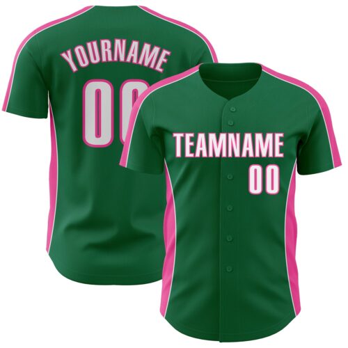 Pinstripe0539 Custom Kelly Green White-Pink Classic Color Block Side Panel Stripe Authentic Baseball Jersey