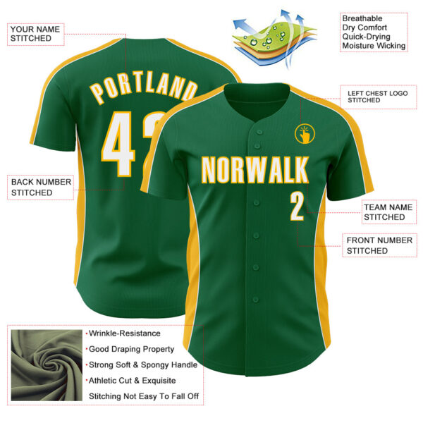 Custom Kelly Green White-Gold Classic Color Block Side Panel Stripe Authentic Baseball Jersey