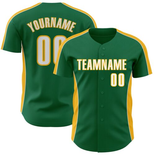 Pinstripe0540 Custom Kelly Green White-Gold Classic Color Block Side Panel Stripe Authentic Baseball Jersey