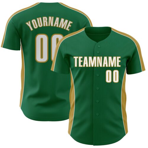 Pinstripe0541 Custom Kelly Green White-Old Gold Classic Color Block Side Panel Stripe Authentic Baseball Jersey