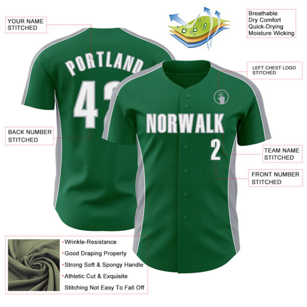 Custom Kelly Green White-Gray Classic Color Block Side Panel Stripe Authentic Baseball Jersey