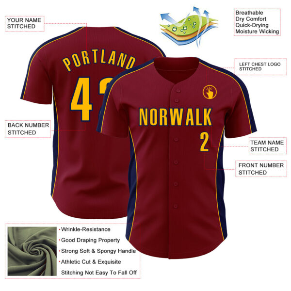 Custom Crimson Gold-Navy Classic Color Block Side Panel Stripe Authentic Baseball Jersey