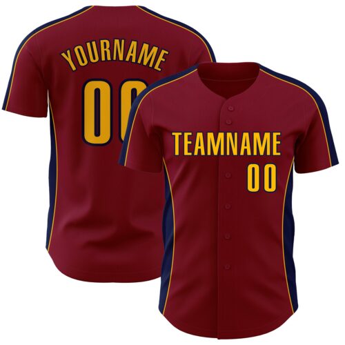 Pinstripe0544 Custom Crimson Gold-Navy Classic Color Block Side Panel Stripe Authentic Baseball Jersey