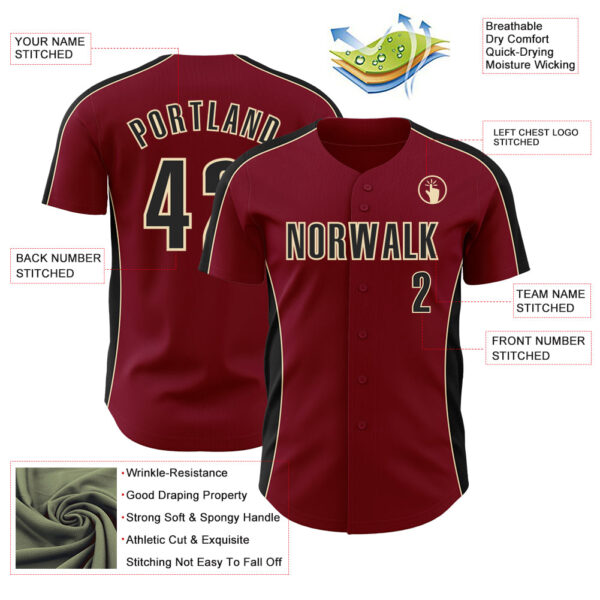 Custom Crimson Black-Cream Classic Color Block Side Panel Stripe Authentic Baseball Jersey