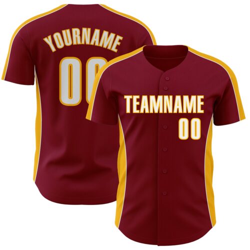 Pinstripe0547 Custom Crimson White-Gold Classic Color Block Side Panel Stripe Authentic Baseball Jersey