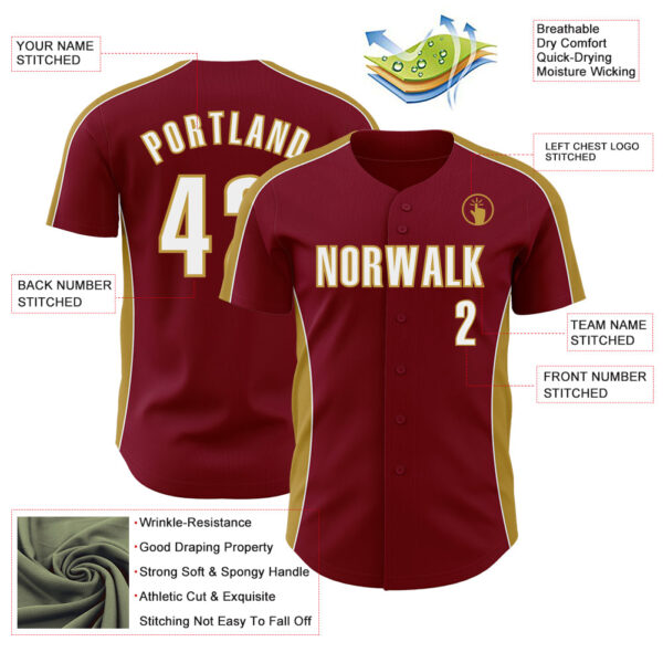 Custom Crimson White-Old Gold Classic Color Block Side Panel Stripe Authentic Baseball Jersey