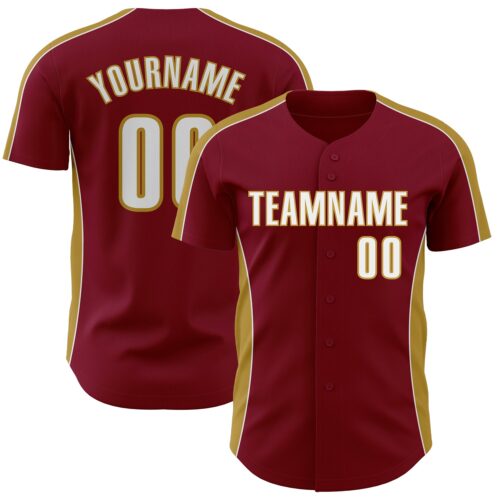 Pinstripe0548 Custom Crimson White-Old Gold Classic Color Block Side Panel Stripe Authentic Baseball Jersey