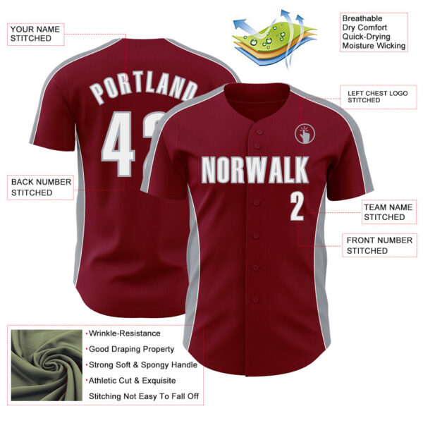 Custom Crimson White-Gray Classic Color Block Side Panel Stripe Authentic Baseball Jersey