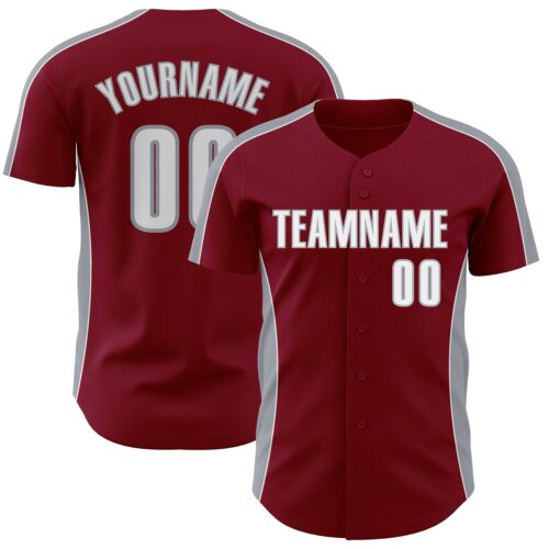 Pinstripe0549 Custom Crimson White-Gray Classic Color Block Side Panel Stripe Authentic Baseball Jersey