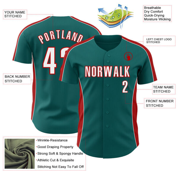 Custom Teal White-Red Classic Color Block Side Panel Stripe Authentic Baseball Jersey