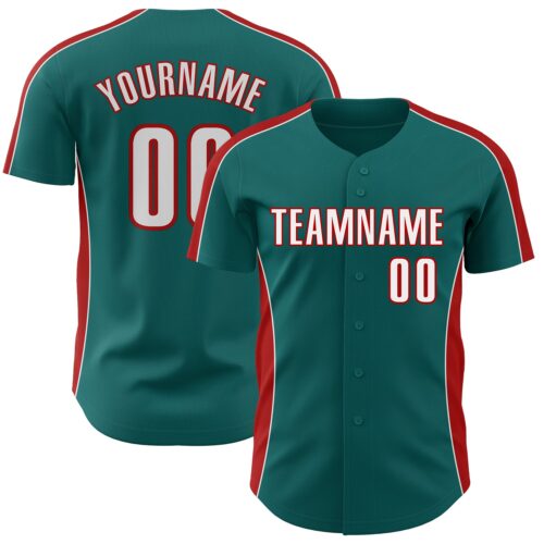 Pinstripe0550 Custom Teal White-Red Classic Color Block Side Panel Stripe Authentic Baseball Jersey