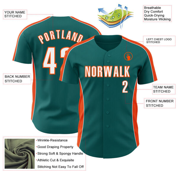 Custom Teal White-Orange Classic Color Block Side Panel Stripe Authentic Baseball Jersey