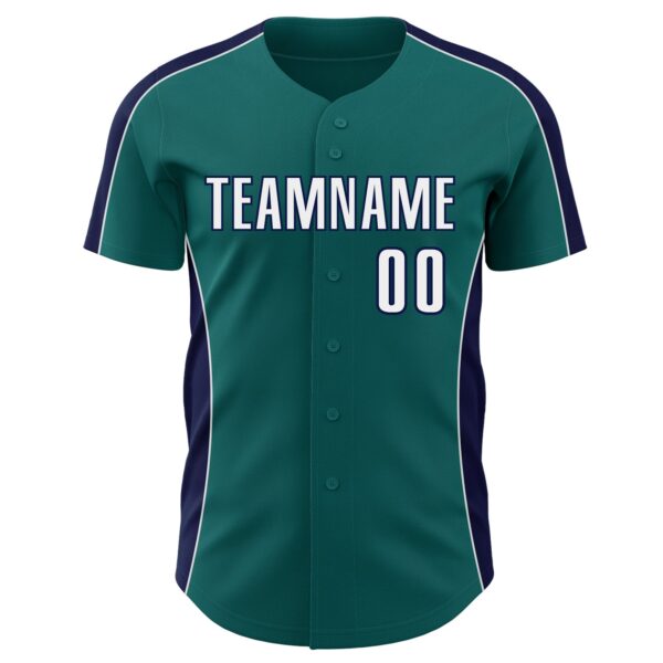 Custom Teal White-Navy Classic Color Block Side Panel Stripe Authentic Baseball Jersey
