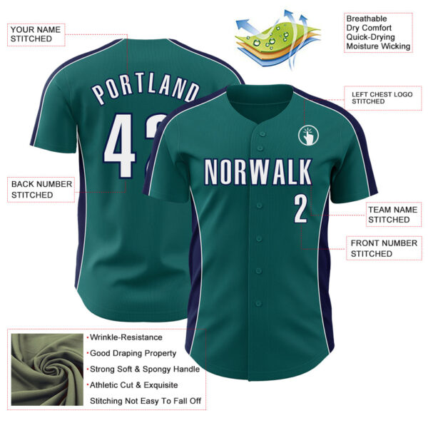 Custom Teal White-Navy Classic Color Block Side Panel Stripe Authentic Baseball Jersey