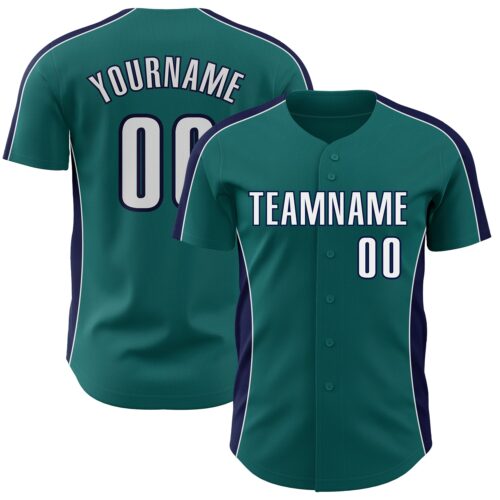 Pinstripe0552 Custom Teal White-Navy Classic Color Block Side Panel Stripe Authentic Baseball Jersey