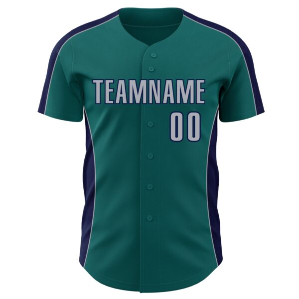 Custom Teal Gray-Navy Classic Color Block Side Panel Stripe Authentic Baseball Jersey