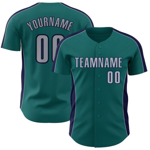 Pinstripe0553 Custom Teal Gray-Navy Classic Color Block Side Panel Stripe Authentic Baseball Jersey