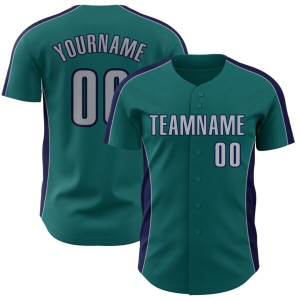 Custom Teal Gray-Navy Classic Color Block Side Panel Stripe Authentic Baseball Jersey