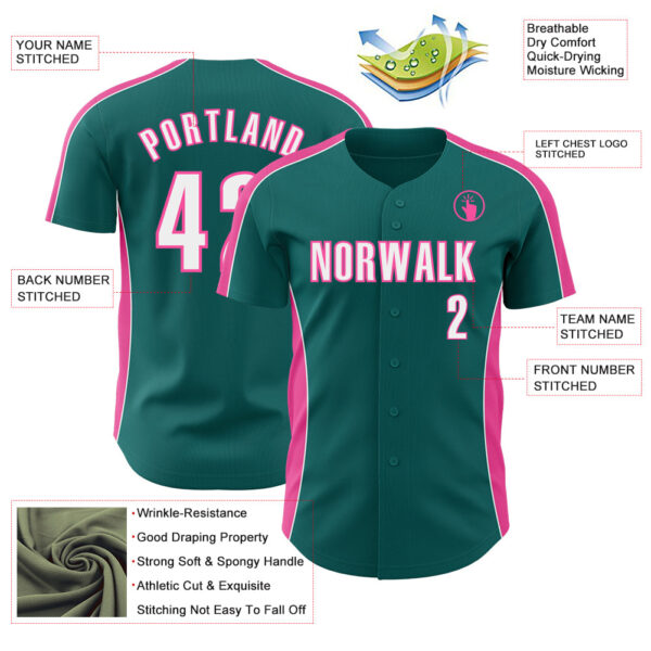 Custom Teal White-Pink Classic Color Block Side Panel Stripe Authentic Baseball Jersey