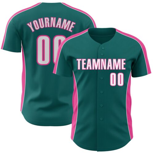 Pinstripe0555 Custom Teal White-Pink Classic Color Block Side Panel Stripe Authentic Baseball Jersey