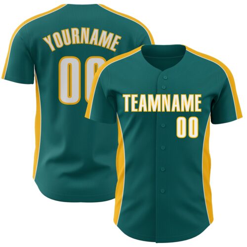Pinstripe0556 Custom Teal White-Gold Classic Color Block Side Panel Stripe Authentic Baseball Jersey