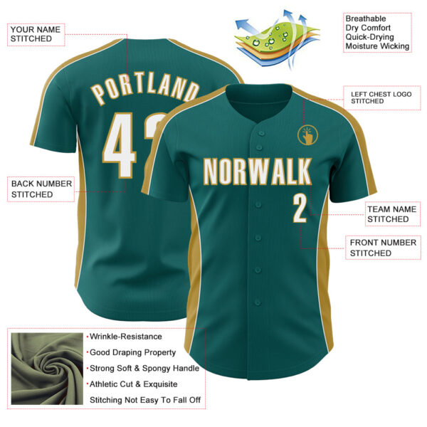 Custom Teal White-Old Gold Classic Color Block Side Panel Stripe Authentic Baseball Jersey