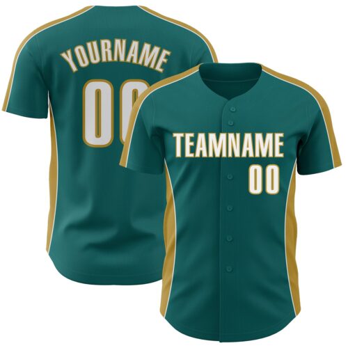 Pinstripe0557 Custom Teal White-Old Gold Classic Color Block Side Panel Stripe Authentic Baseball Jersey