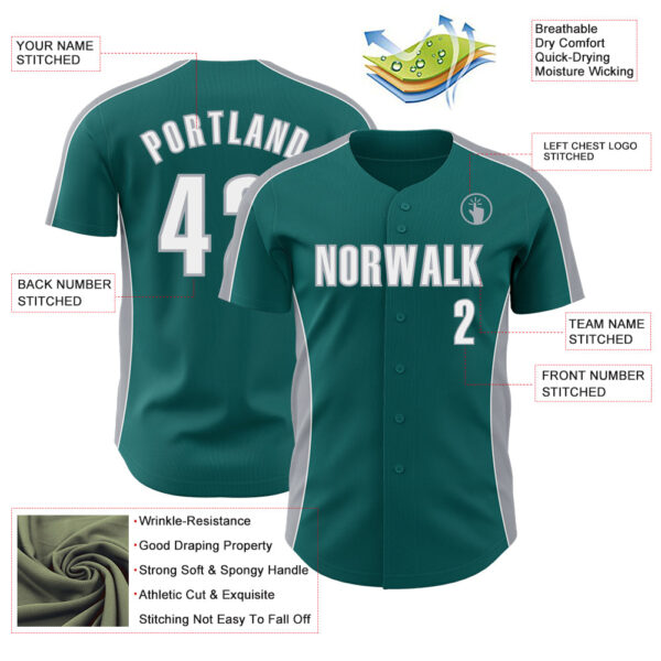 Custom Teal White-Gray Classic Color Block Side Panel Stripe Authentic Baseball Jersey