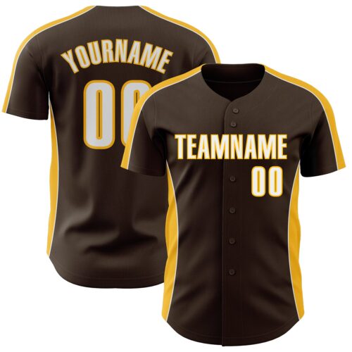 Pinstripe0560 Custom Brown White-Gold Classic Color Block Side Panel Stripe Authentic Baseball Jersey